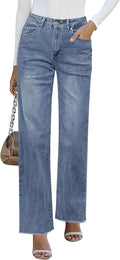 GRAPENT Straight Leg Jeans High Waisted Stretchy Frayed Hem - Casual