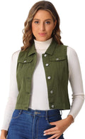 Women's Washed Denim Vest Jacket - Buttoned Sleeveless Jean Vest
