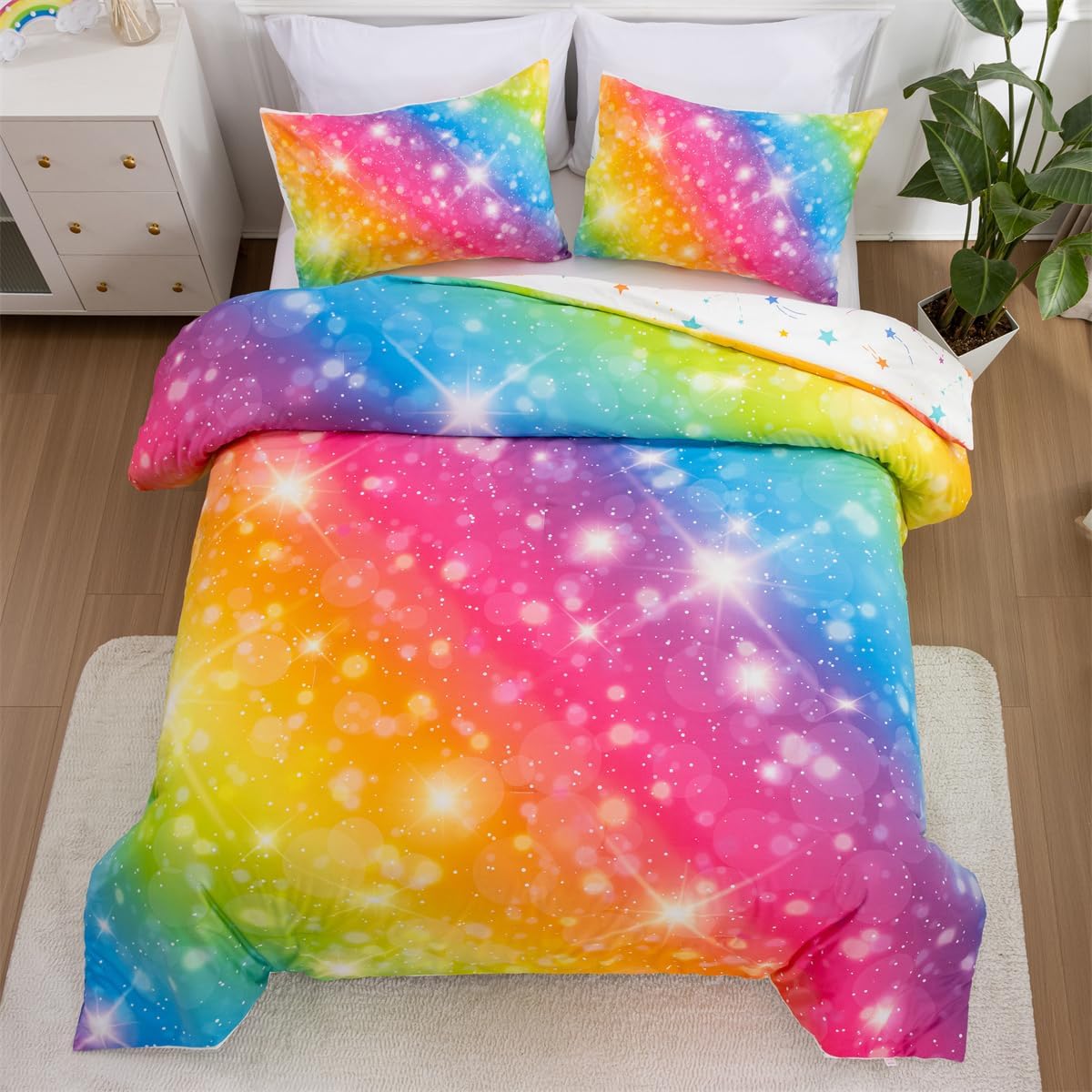 Ultra-Soft Ombre Glitter Comforter Set - Rainbow Galaxy Print