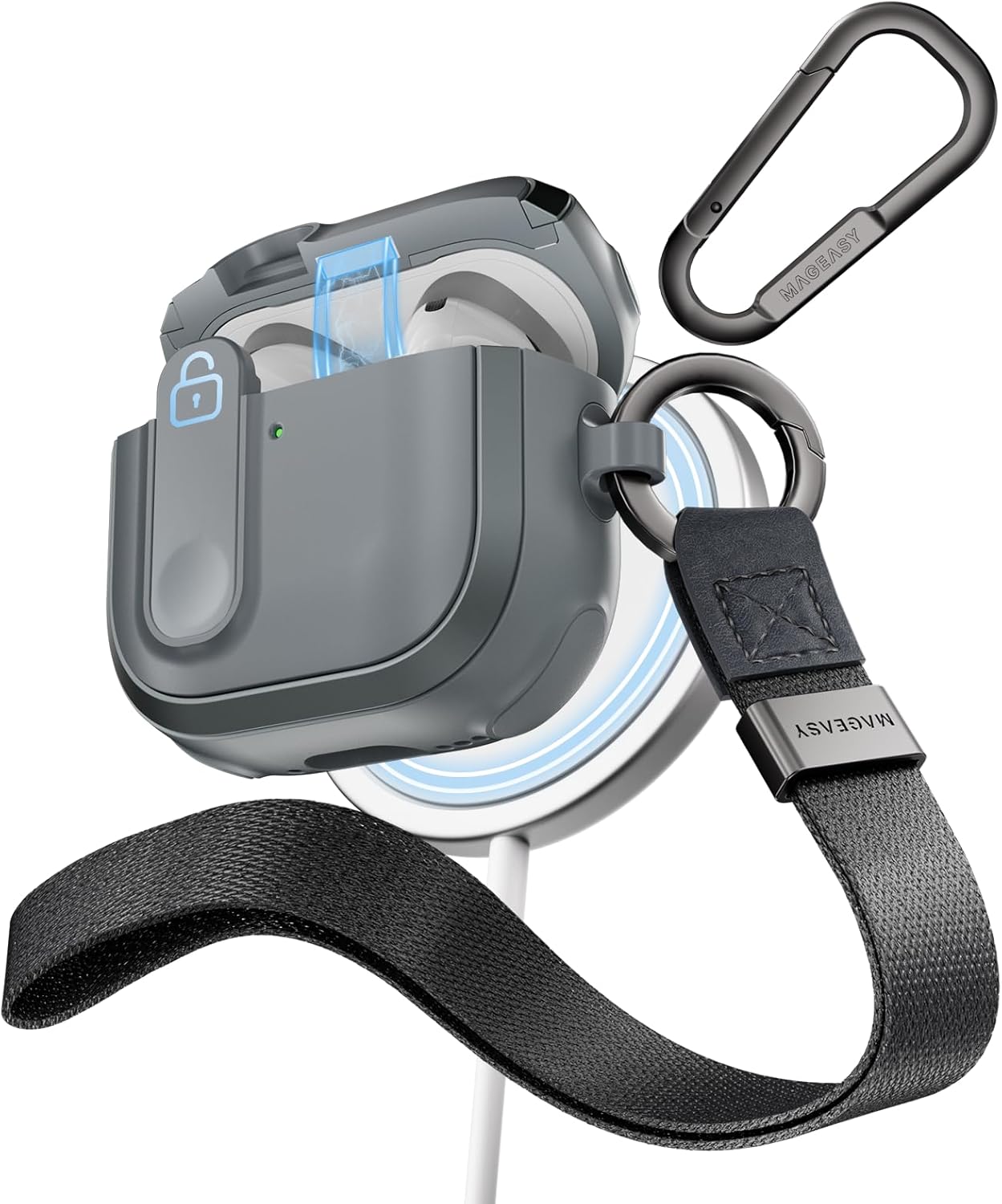MAGEASY Rugged AirPods 4 Case Cover with Lock and Carabiner