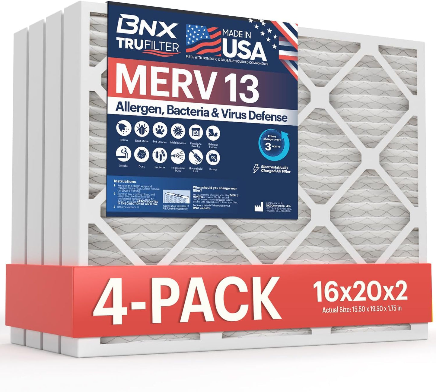 BNX TruFilter MERV 13 16x20x2 (4-Pack) - USA Made - Removes Pollen, Mold, Smoke