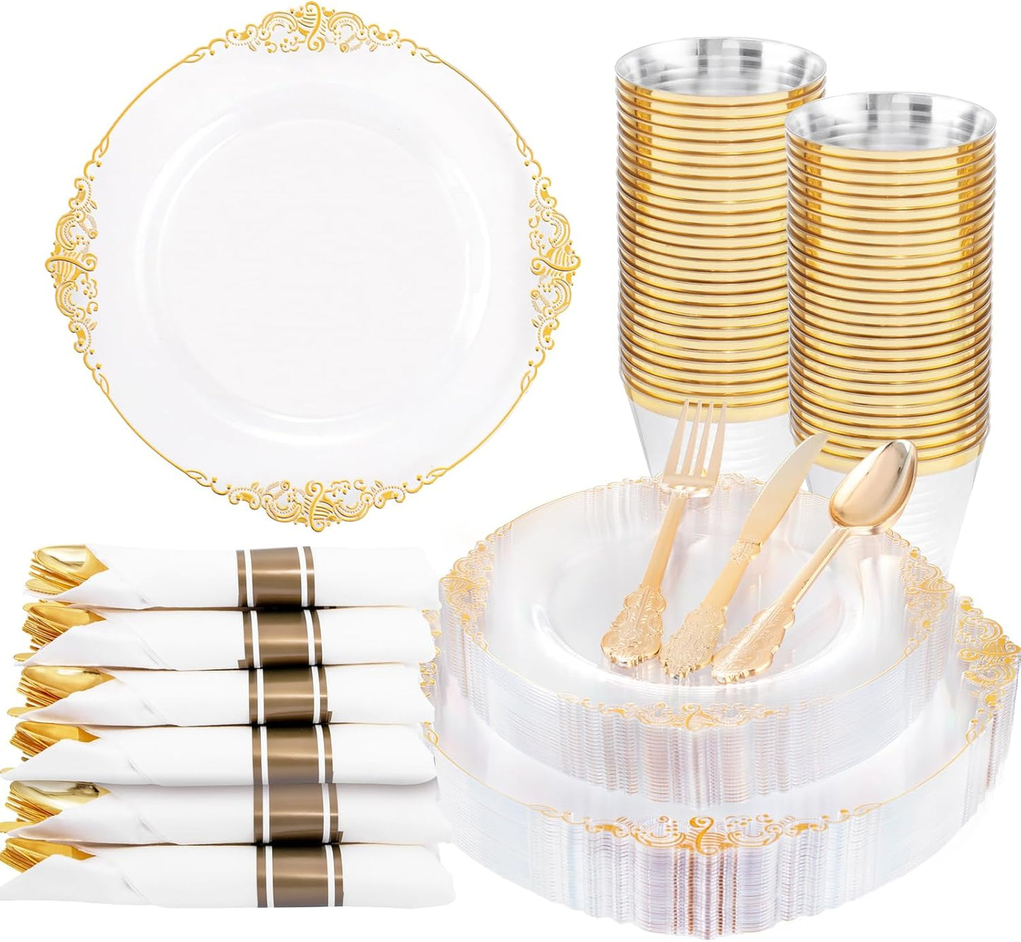 Nervure 175PCS Gold Party Set - Elegant Disposable Tableware for 25 Guests
