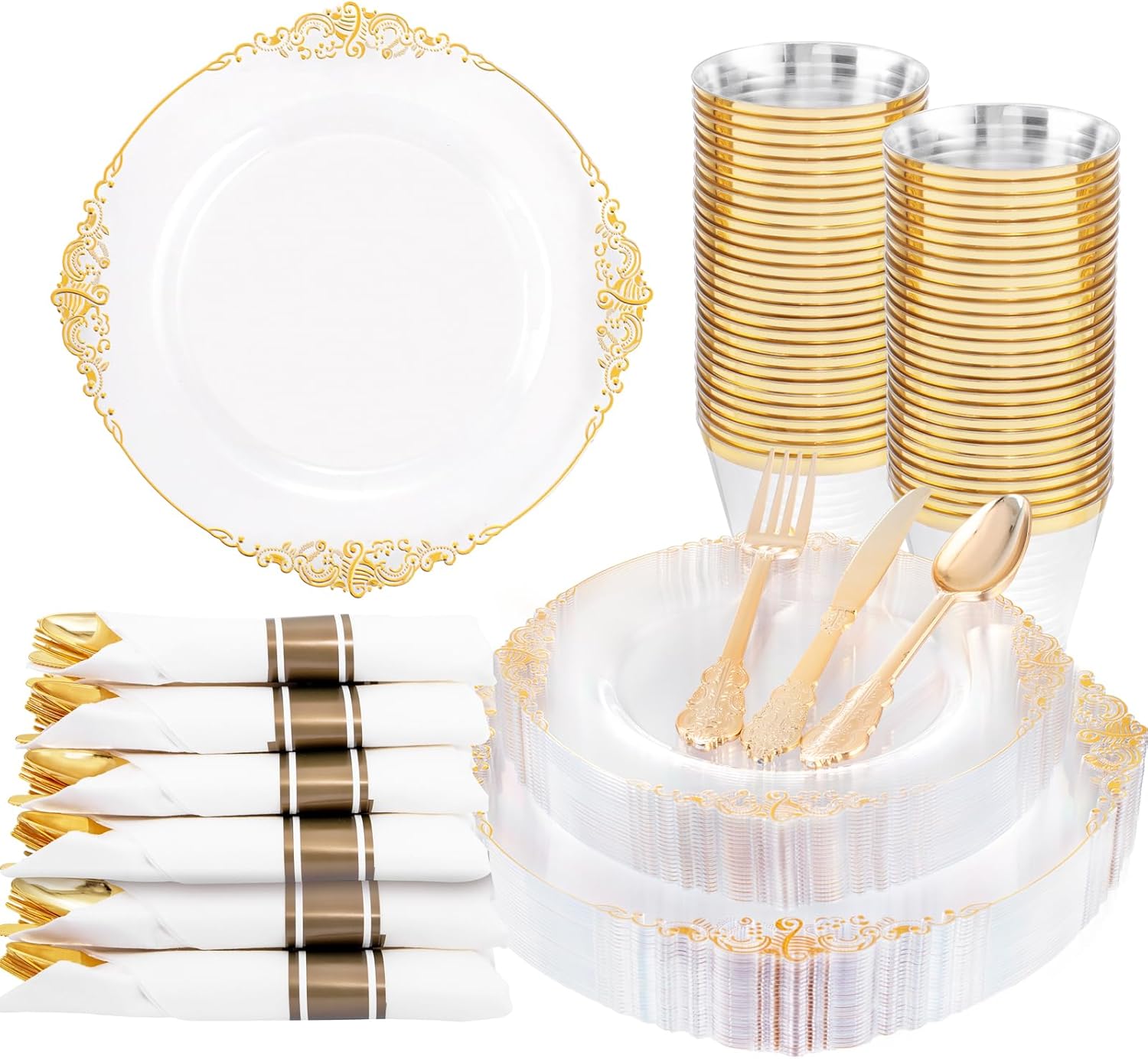Nervure 175PCS Gold Party Set - Elegant Disposable Tableware for 25 Guests