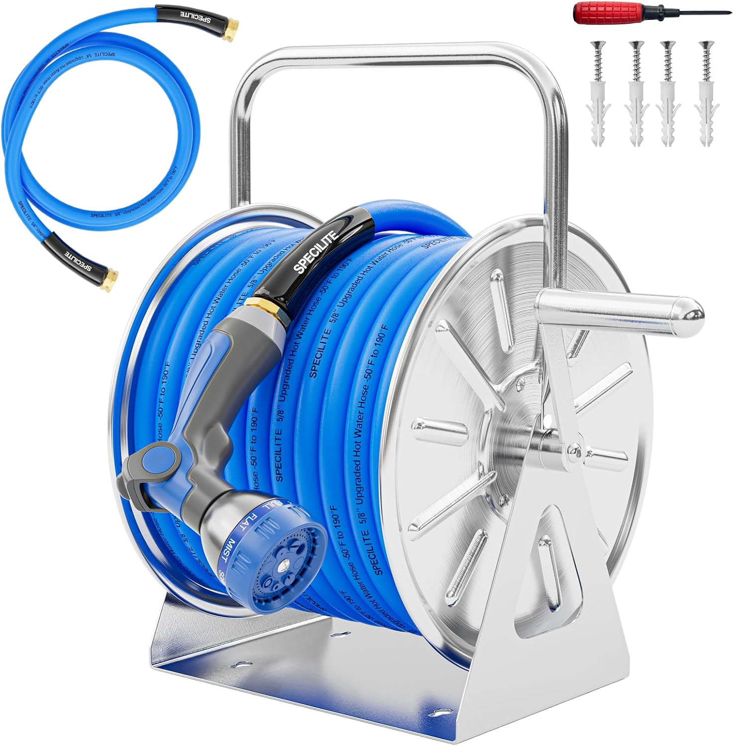 Stainless Steel Garden Hose Reel with 75 FT Water Hose and Leader Pipe