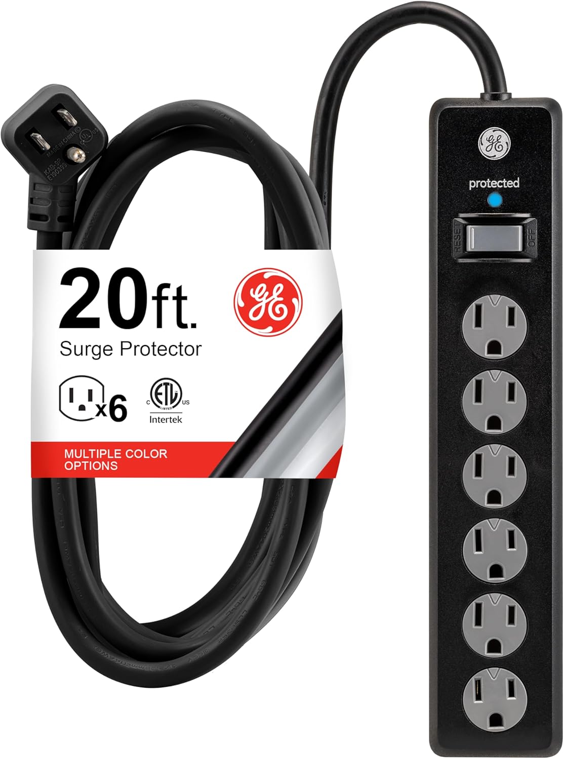 GE 6-Outlet Surge Protector, 20ft Cord, 800J, Flat Plug