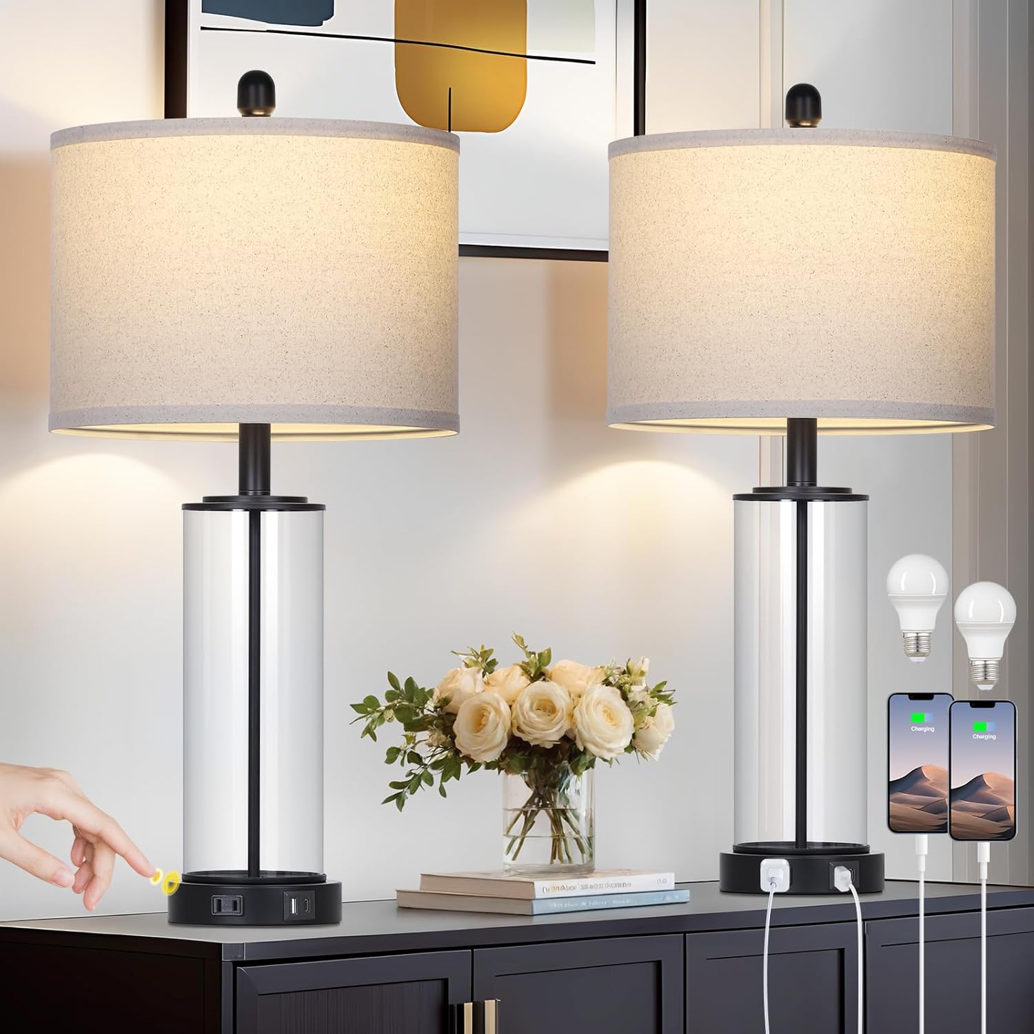26 Black Glass Table Lamps Set of 2 with USB Ports and Dimming