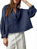 Womens Denim Tops Pullover V Neck Puff Sleeve - Casual Cotton