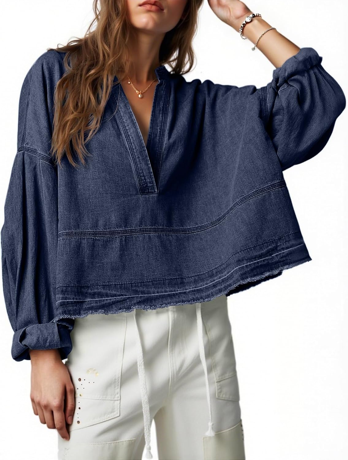 Womens Denim Tops Pullover Casual V Neck Puff Sleeve Shirt