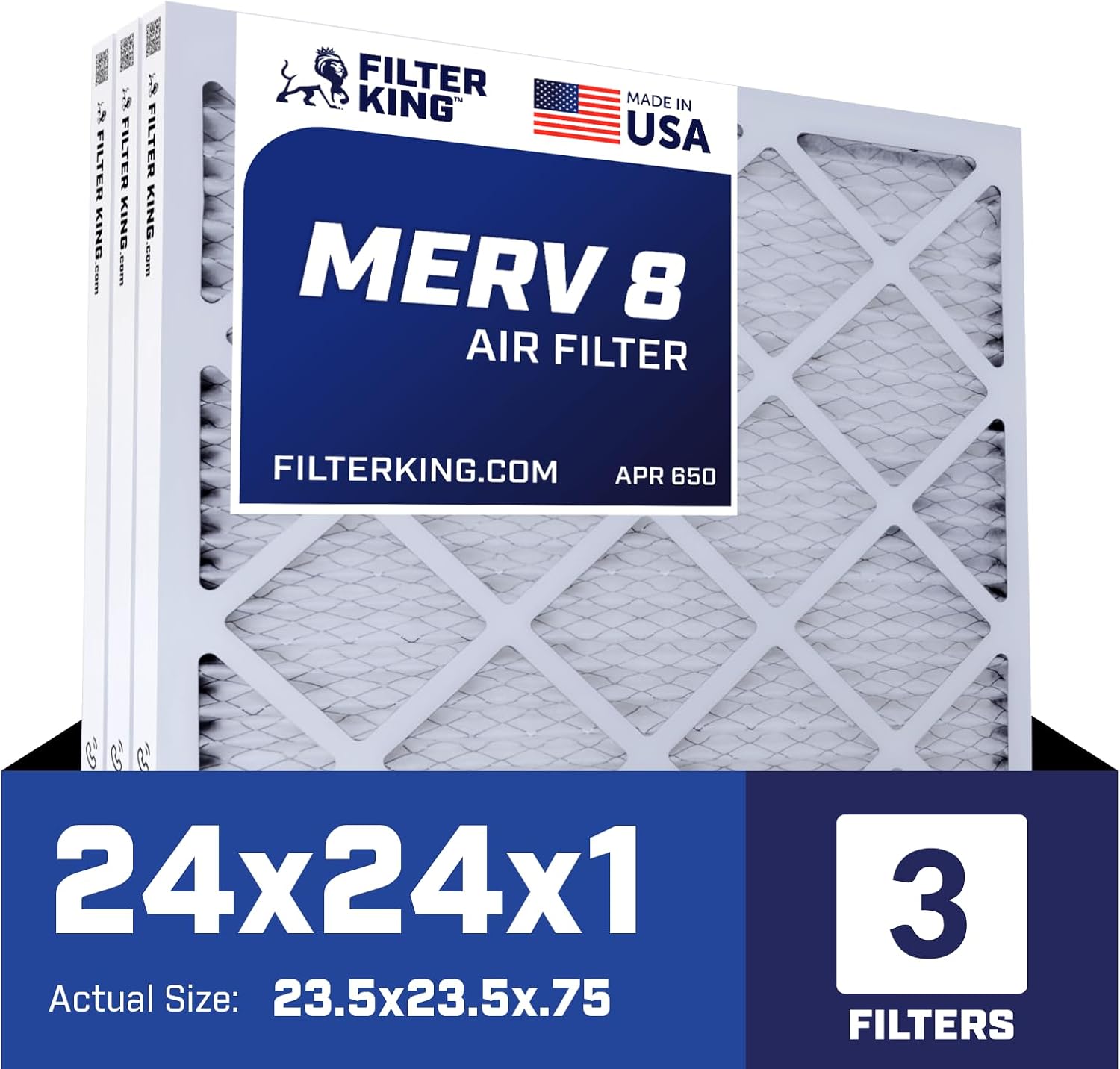 MERV 8 Air Filter 24x24x1 by Filter King - 3-Pack Quality