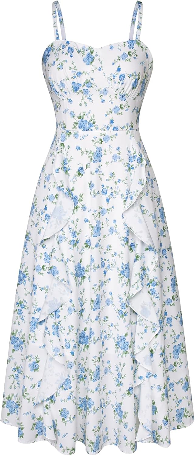 Boho Midi Sun Dress for Women - Ruffle Casual Wedding Guest Dress