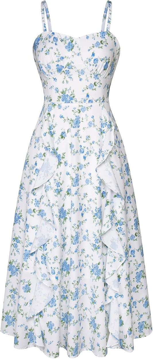 Boho Midi Sun Dress for Women - Ruffle Casual Wedding Guest Dress