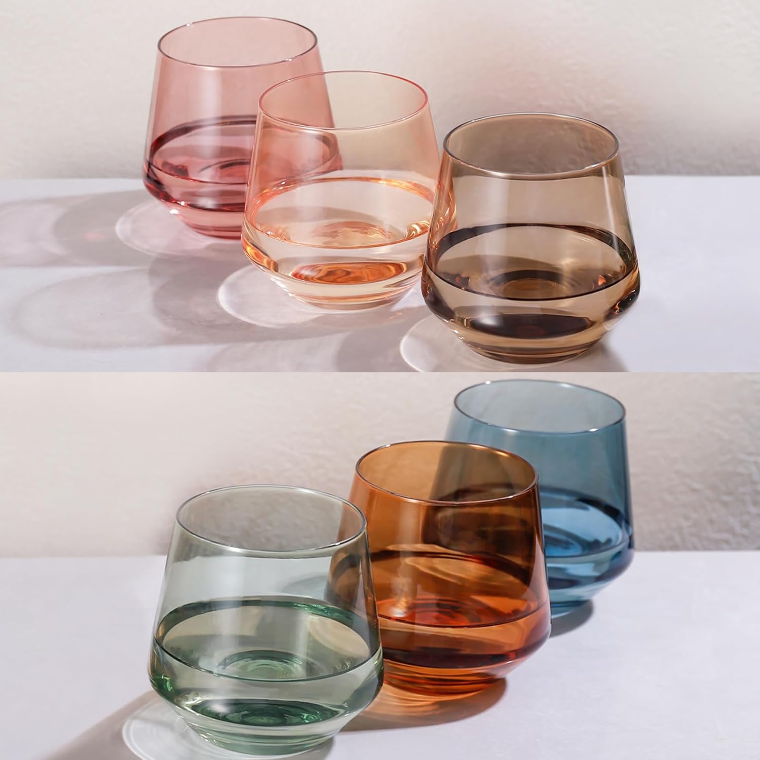 Stemless Wine Glasses Set of 6 - Colorful Short Tumblers