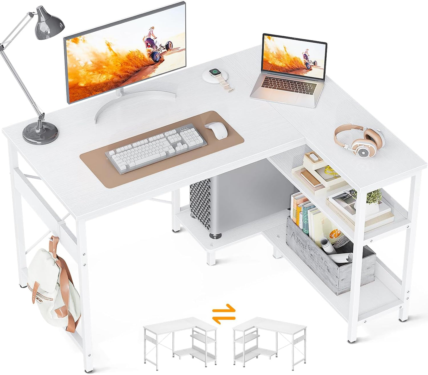 Modern L-Shaped Corner Desk with Reversible Storage Shelves