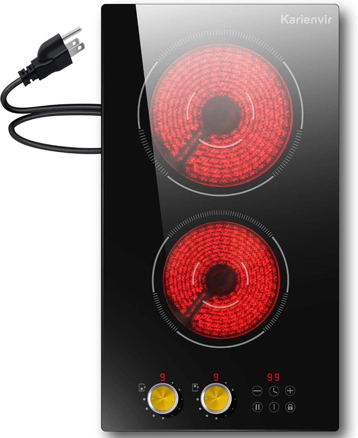 2 Burner Electric Cooktop with Elegant Gold Knobs and Touch Control