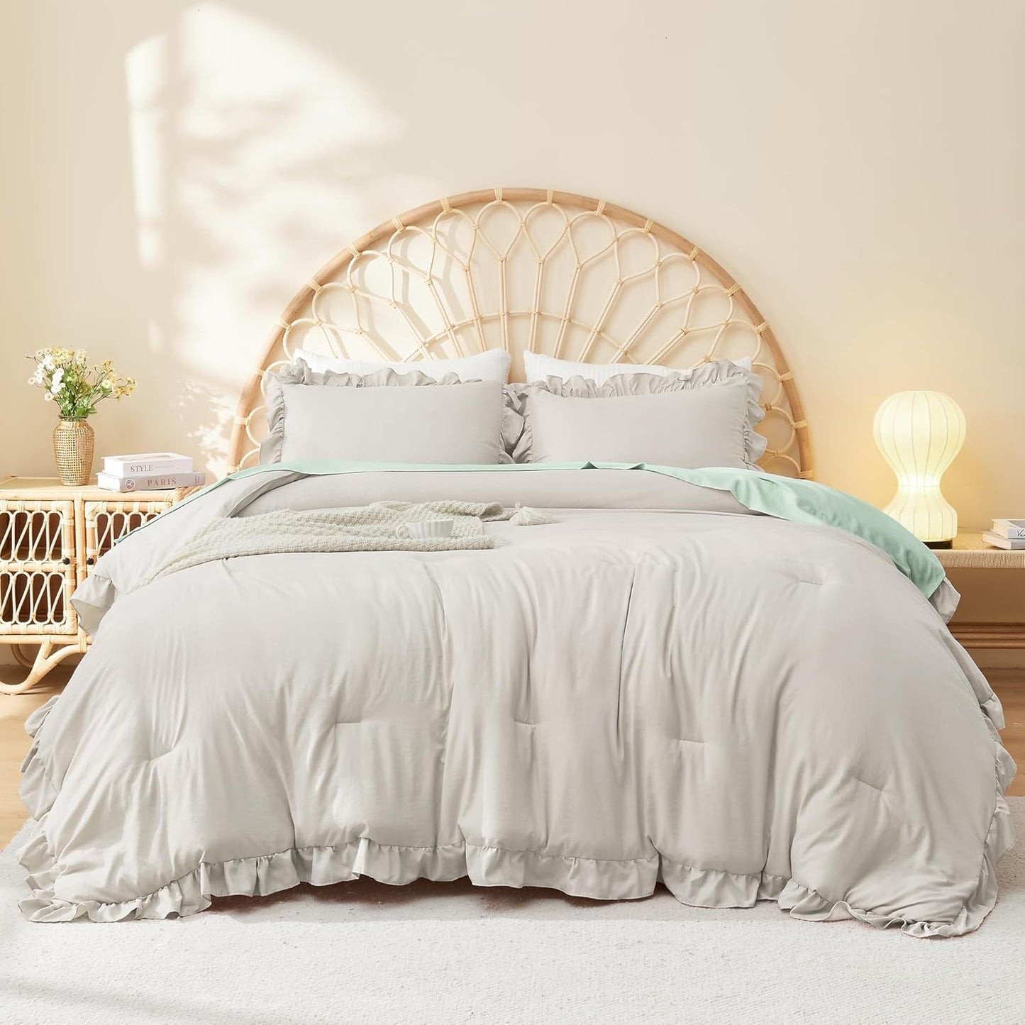 Litanika Linen Grey Full Size Comforter Set with Ruffle Trim