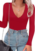 SAUNGKUAI Women's Plunge Deep V Neck Long Sleeve Bodysuit - Double 9
