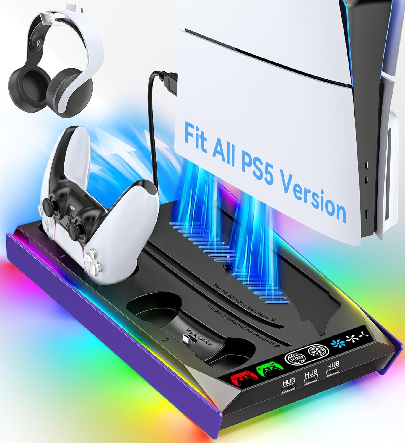 PS5 Cooling Station with LED Charger and 3 Speed Fan - Galactic Purple