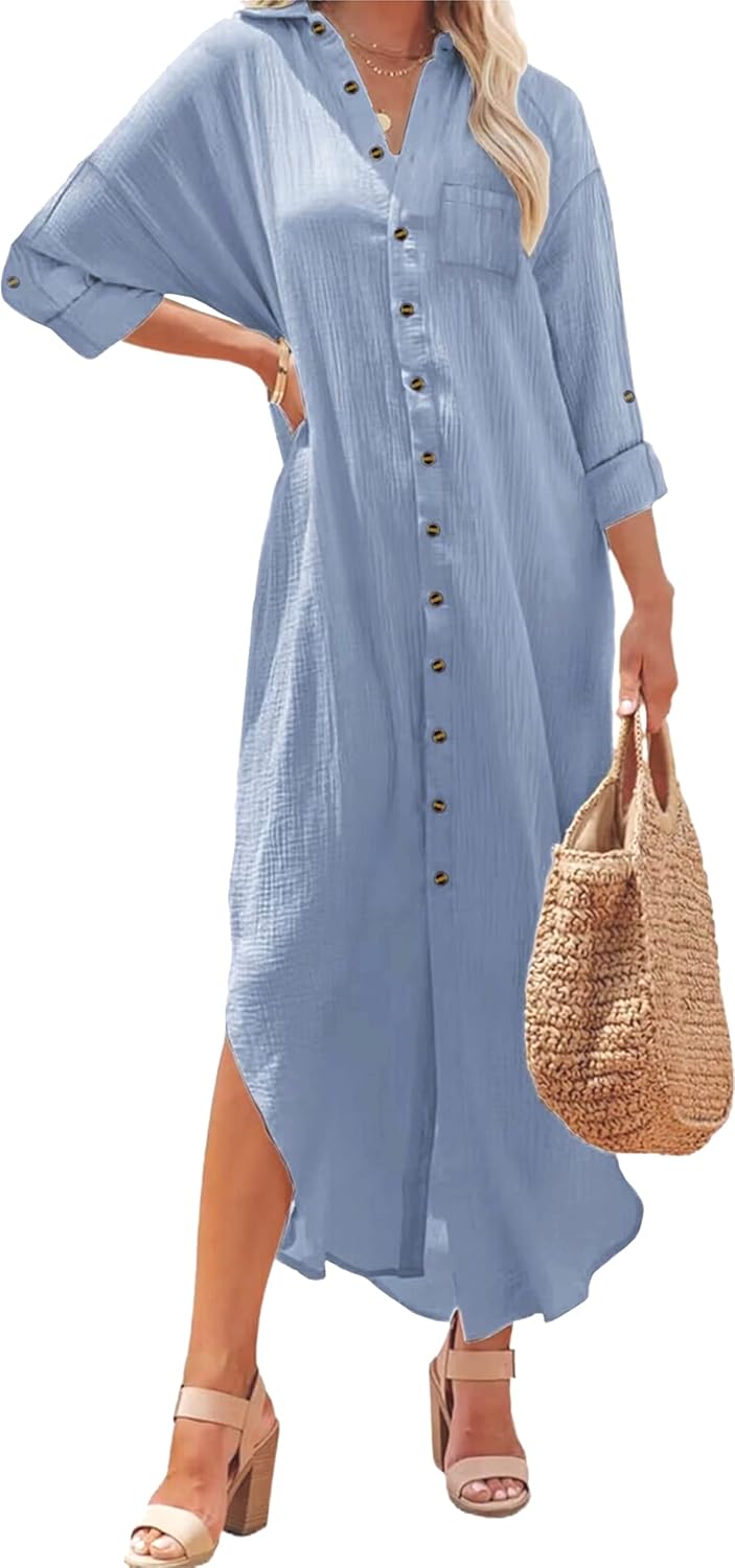 Kuraki Women's Casual Print Maxi Shirt Dress for Everyday Style