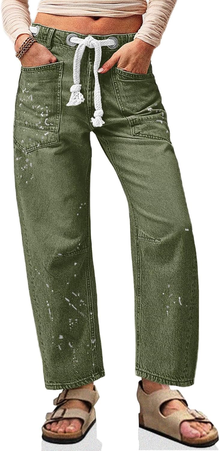 Cicy Bell Womens Baggy Barrel Jeans with Drawstring and Pockets