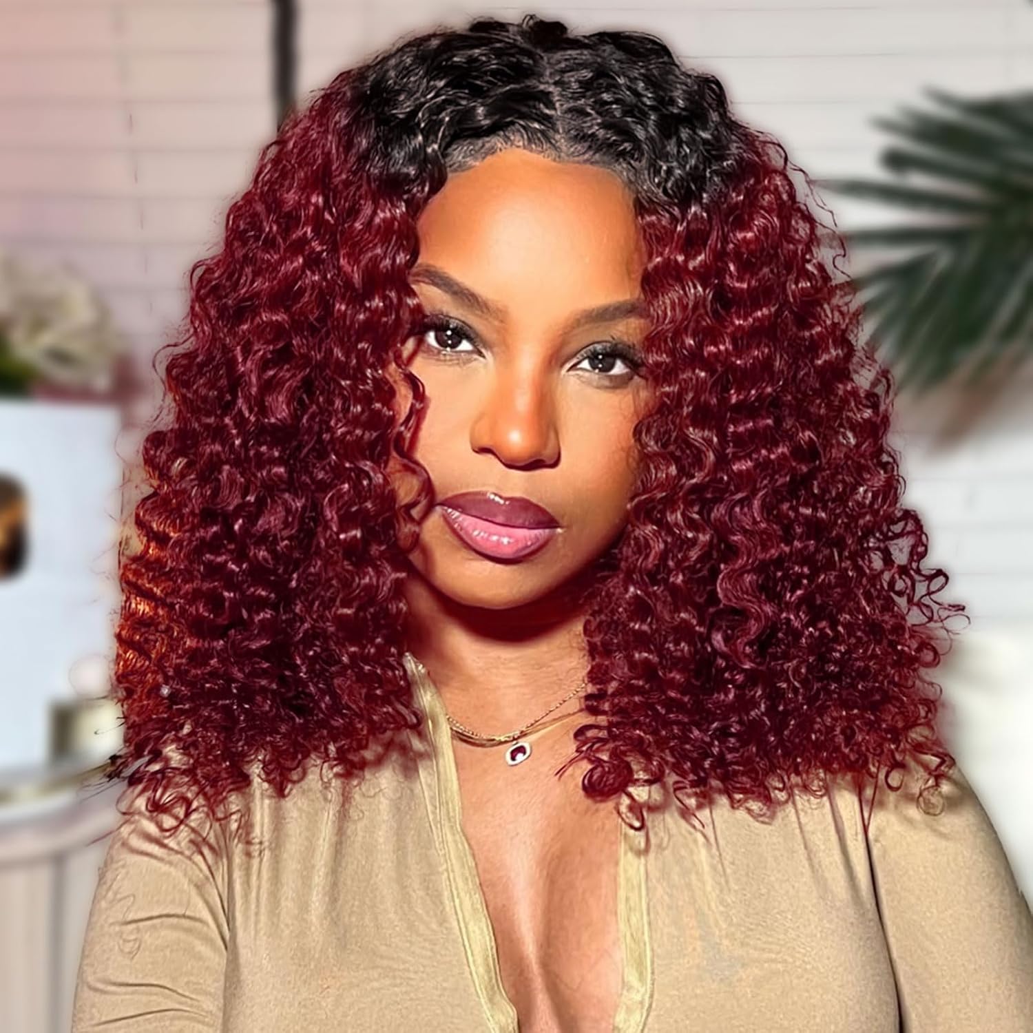 Ombre Burgundy Deep Wave BOB Lace Front Wigs for Black Women