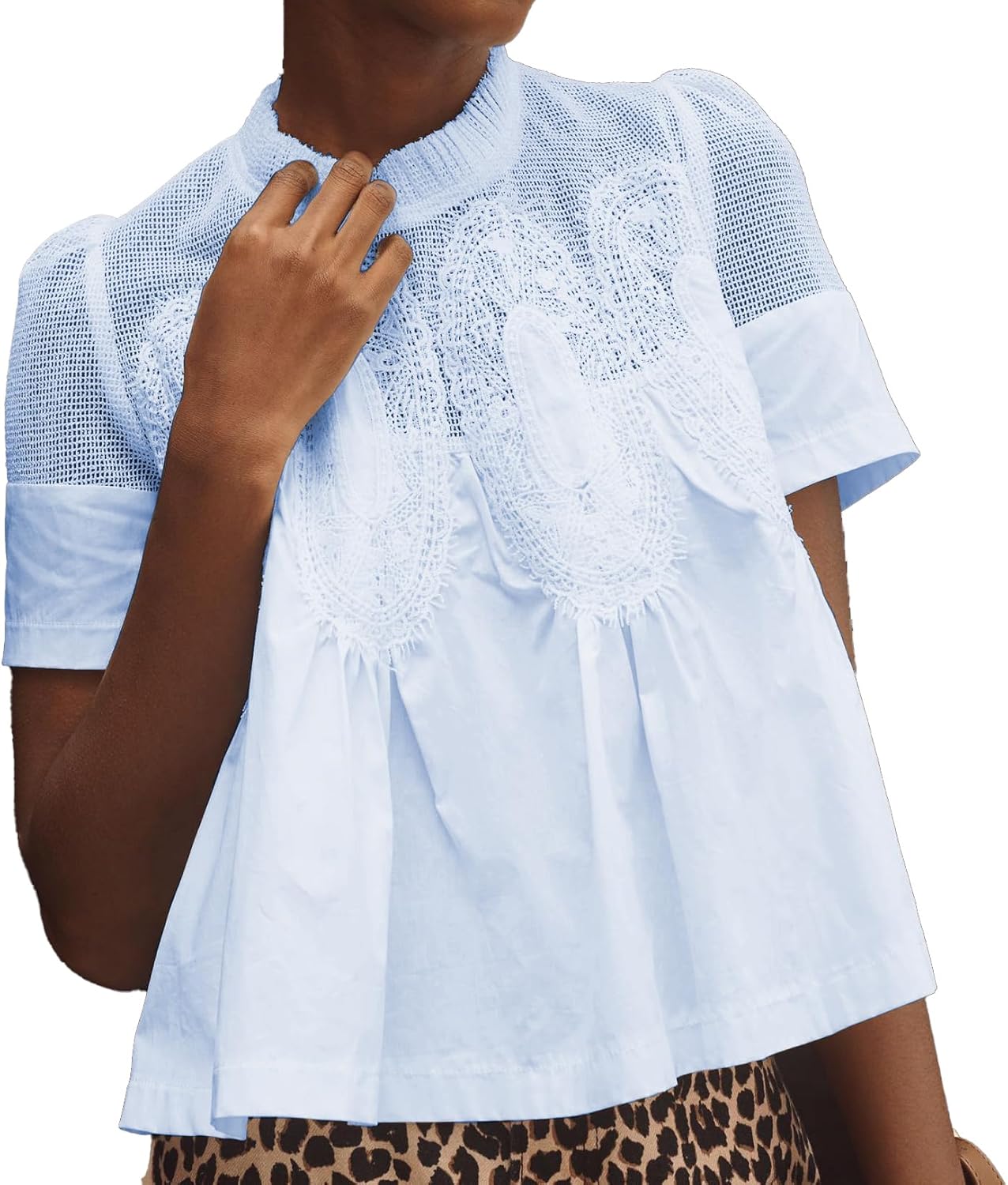 VAOYIU Women Lace-Detail Flared Blouse for Elegant Style