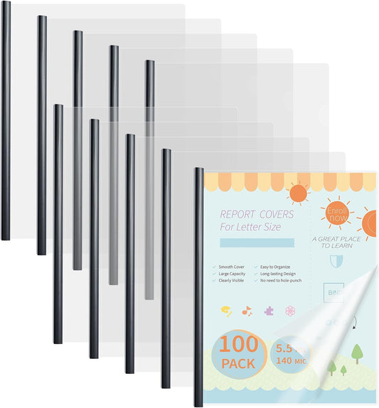 Binditek Clear Report Covers with Black Sliding Bars, 100 Pack