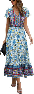 Women's Bohemian Floral Maxi Dress Summer Casual V Neck - Comfortable