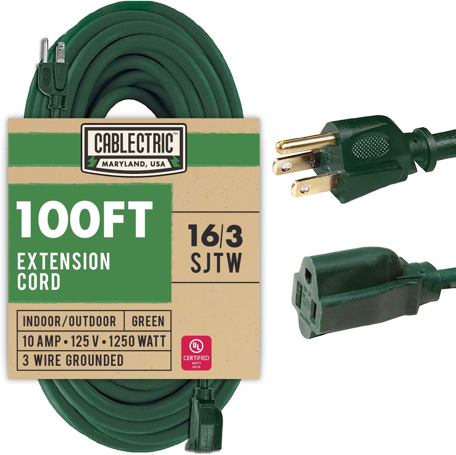 100 Foot Outdoor Extension Cord - Durable 16 Gauge Green Cable