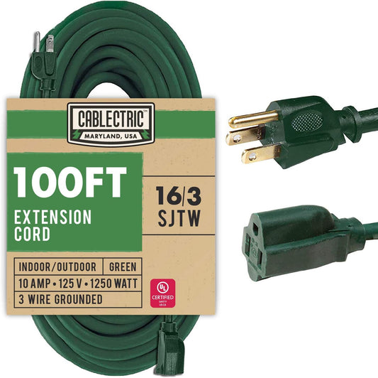 100 Foot Outdoor Extension Cord - Durable 16 Gauge Green Cable