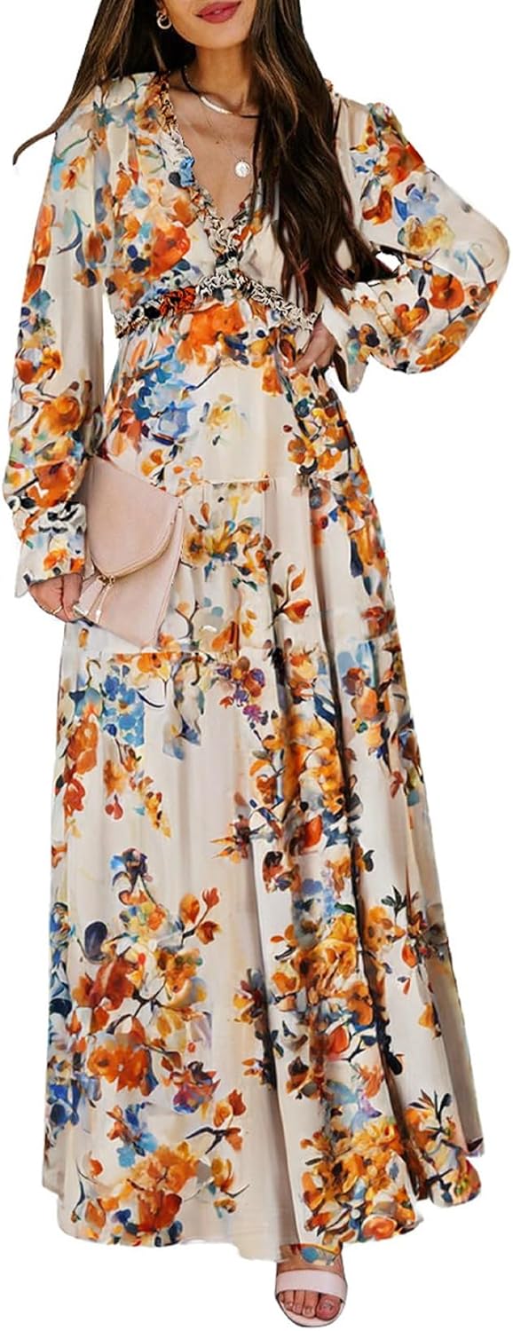 BLENCOT Womens Casual Boho Deep V Neck Short Sleeve Dress
