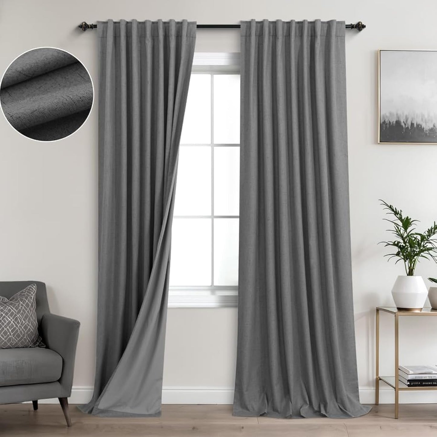 KOUFALL Grey Linen Black Out Curtains for Boys Room 96 in Long