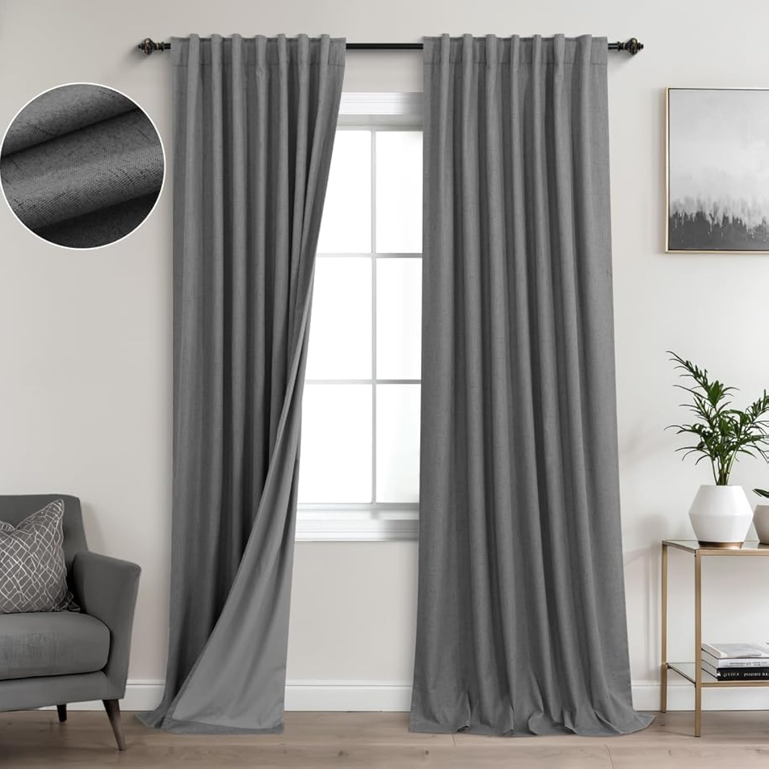 KOUFALL Grey Linen Black Out Curtains for Boys Room 96 in Long