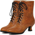 Women's Victorian Mid Calf Lace Up Boots - Black Chunky Heel