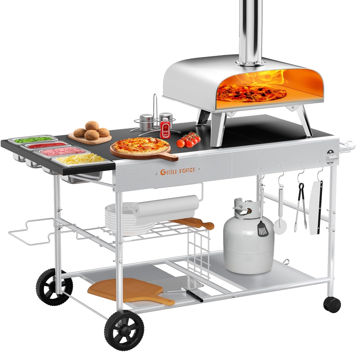 Outdoor Pizza Oven Table with Topping Station for Grilling