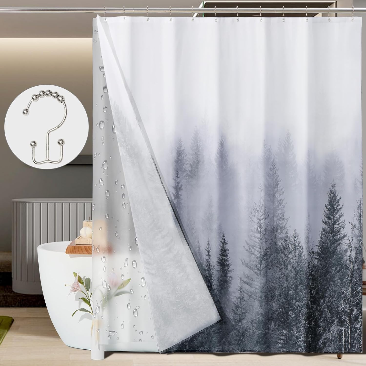 ORTIGIA 3-in-1 Shower Curtain Set - Misty Forest Design