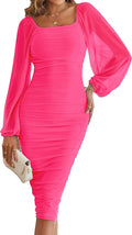 Women's Long Sleeve Mesh Bodycon Midi Dress - Ruched Wedding Guest