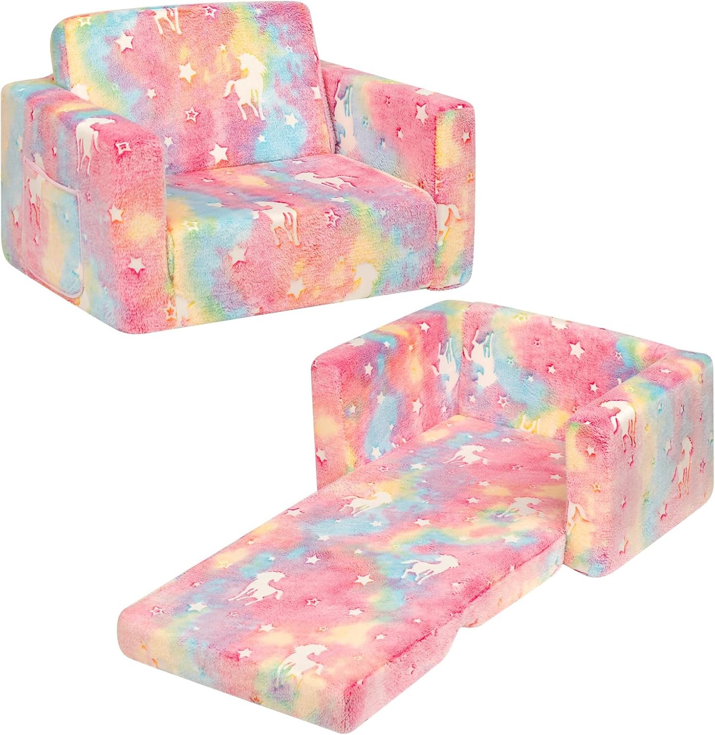Cuddly Sherpa Toddler Couch with Glow-in-The-Dark Unicorns