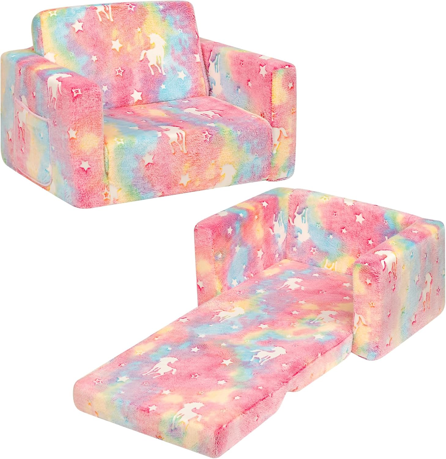 Cuddly Sherpa Toddler Couch with Glow-in-The-Dark Unicorns