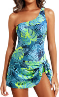 Tempt Me Women One Piece Swim Dress Blue Leaves - Tummy Control