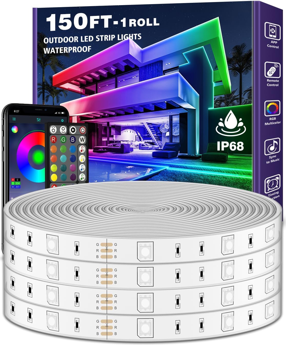 150ft Outdoor LED Strip Lights with App Control and Music Sync