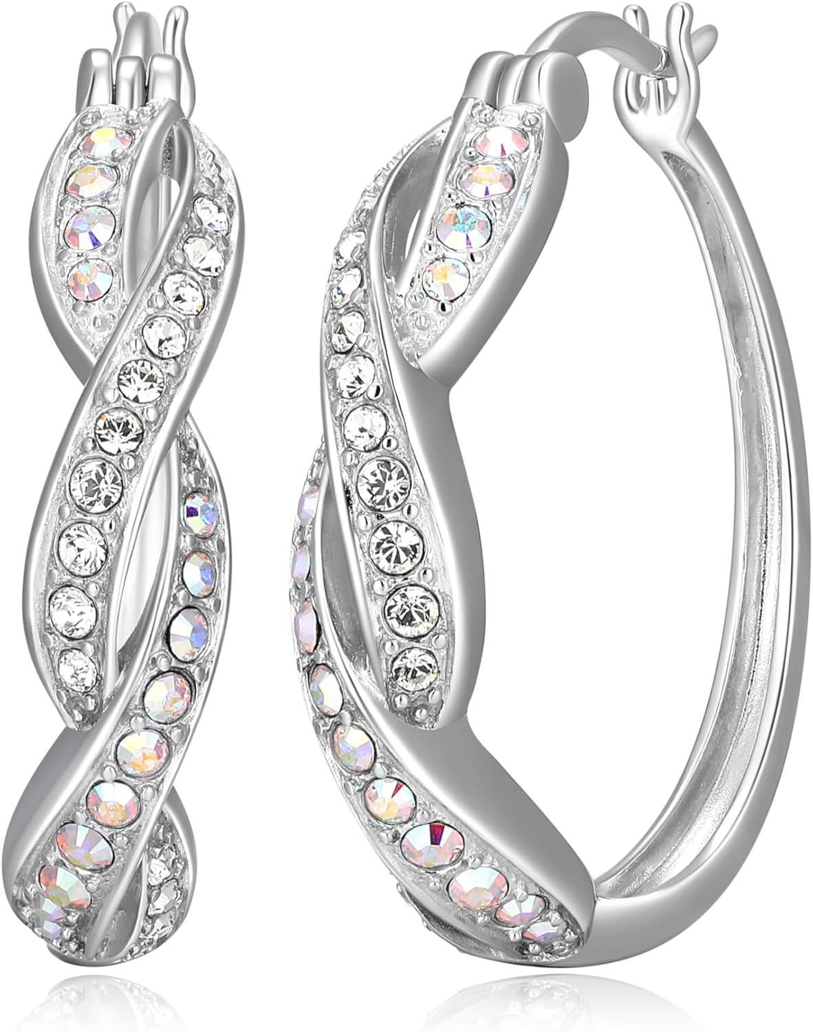 Sterling Silver Rhodium Plated Crystal Twisted Hoop Earrings