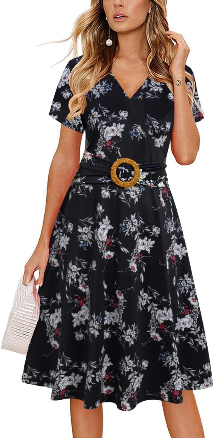 Elegant Criss-Cross V Neck Vintage Dress with Pockets for Women