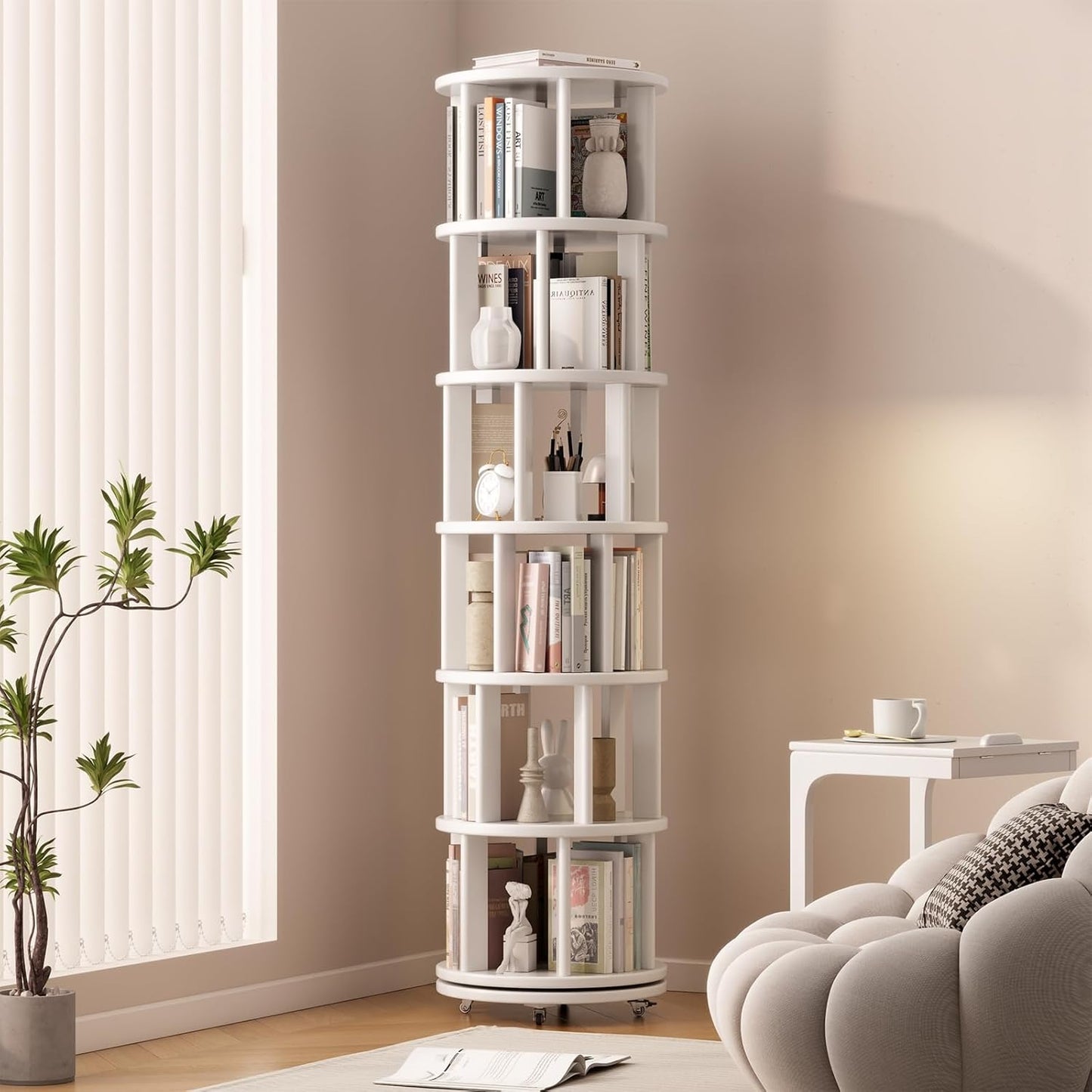 Solid Wood Rotating Bookshelf on Wheels for Small Spaces