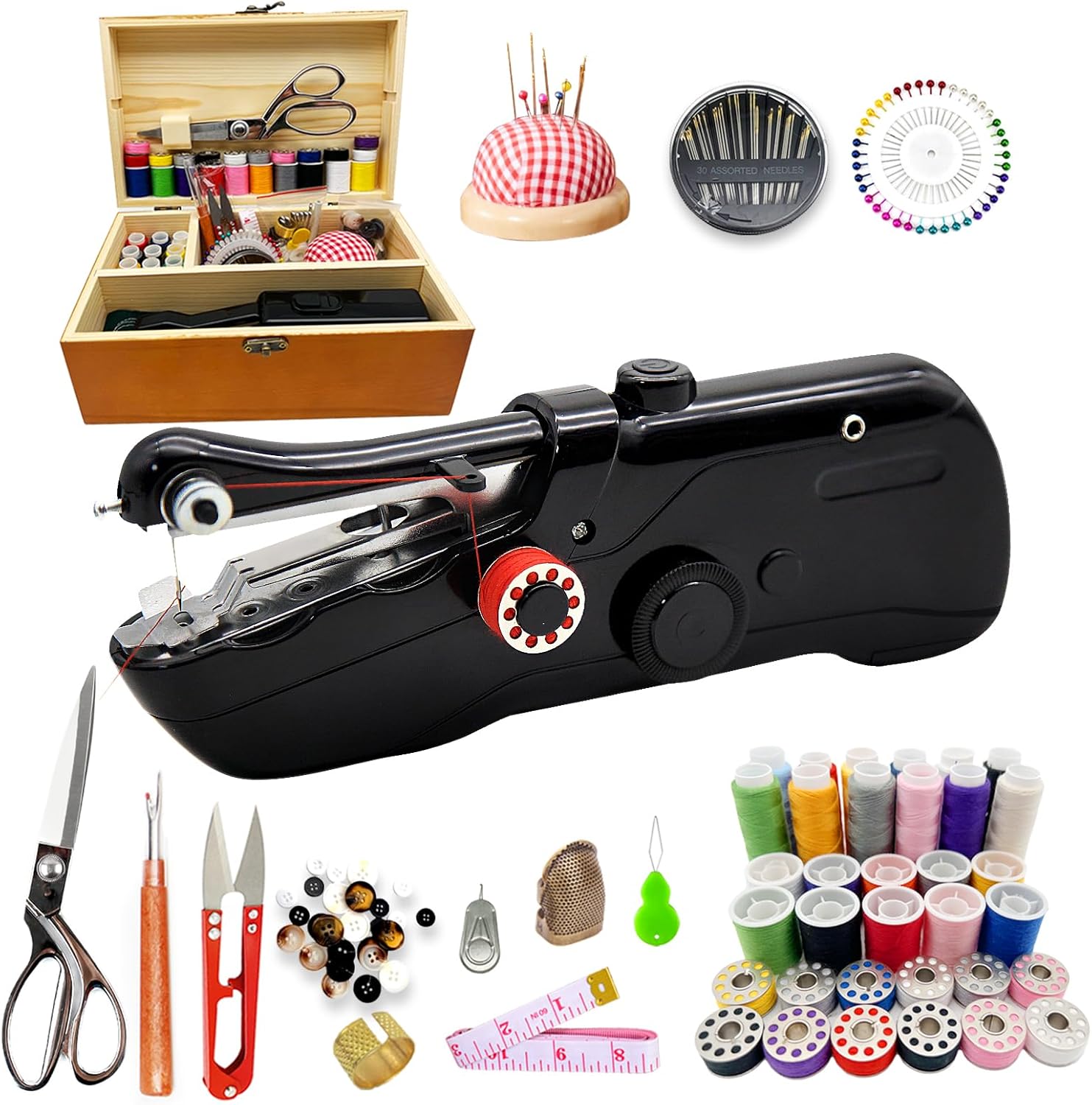 Handheld Sewing Machine with Wooden Box & 142-Piece Kit