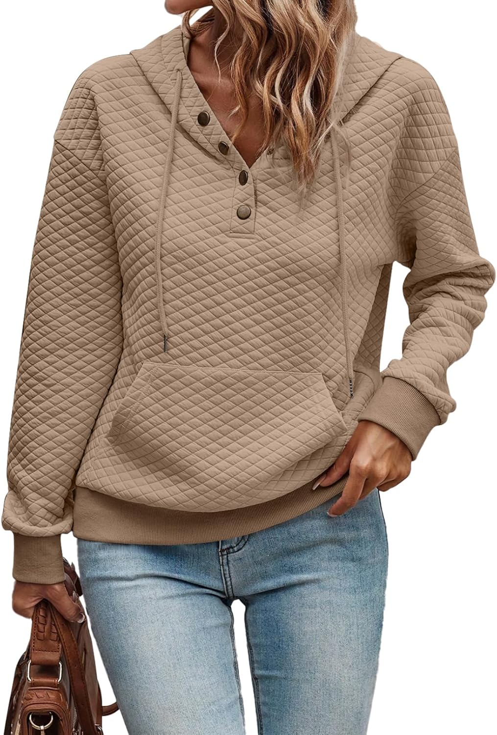 SHEWIN Women's Casual Long Sleeve Quilted Hoodie for Fall