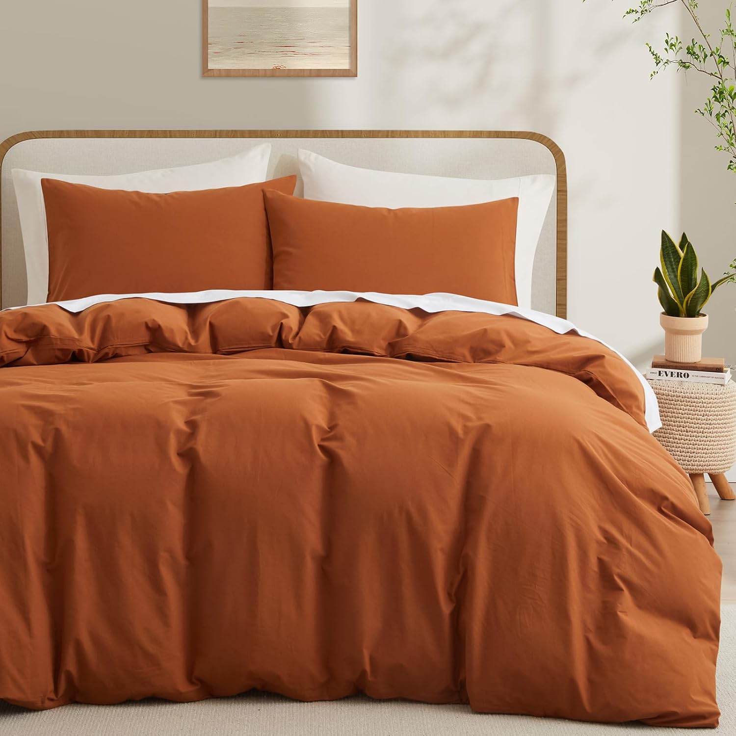 LOVQUE Burnt Orange Cotton Duvet Cover Queen Size for Cozy Bedding