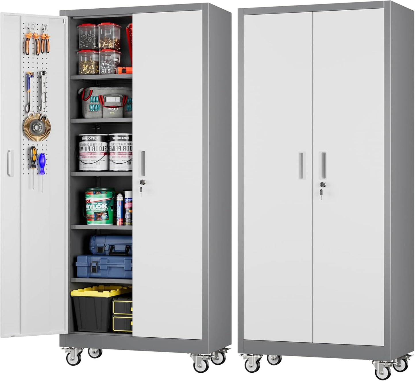 Aobabo Metal Garage Storage Cabinet with Wheels and Pegboards