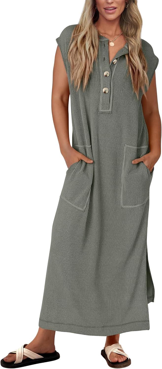 KIRUNDO Womens Summer Dresses Ribbed Knit Henley Maxi Dress