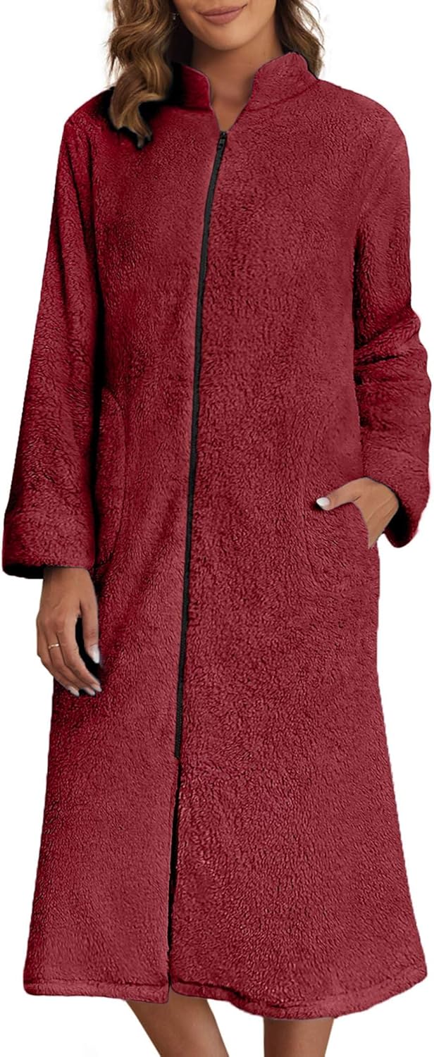 Ekouaer Women's Zip Up Robe Fleece Bathrobe for Comfort