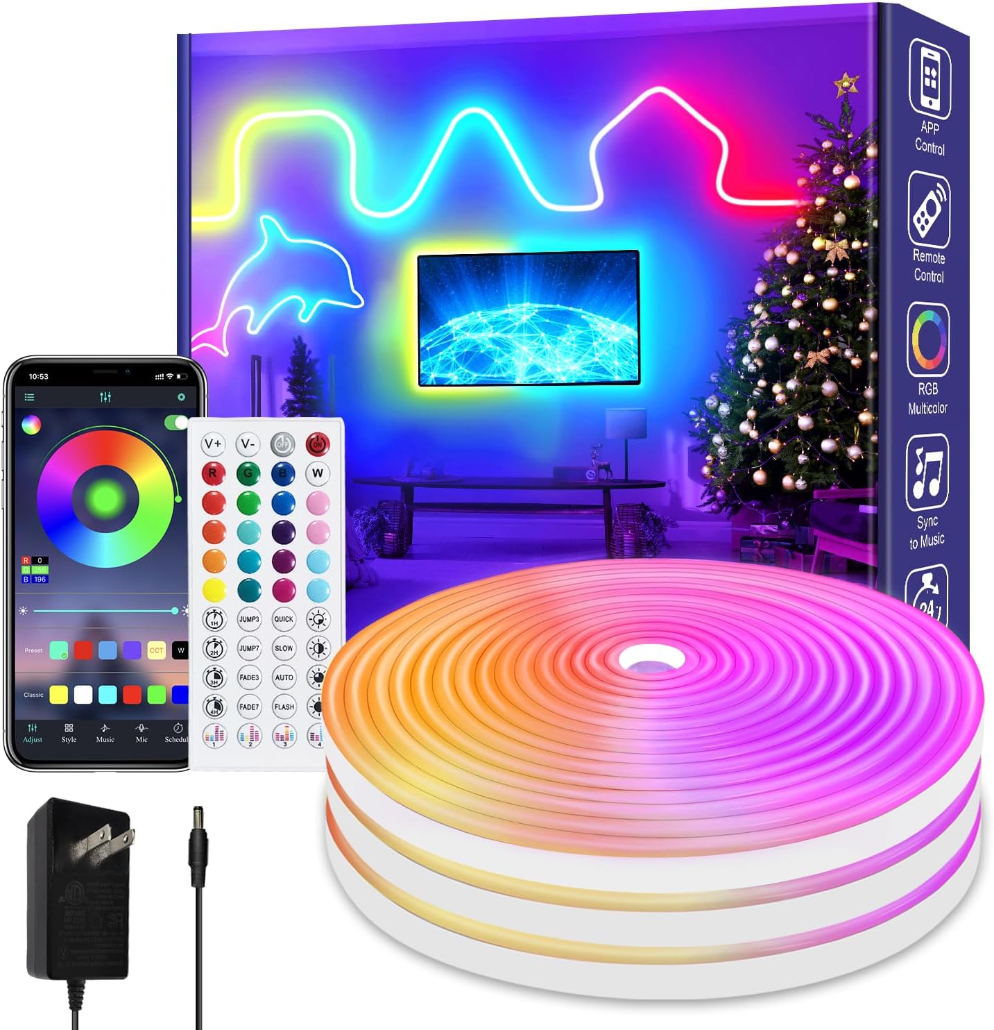 50Ft LED Neon Rope Lights for Music Sync and Outdoor Decor
